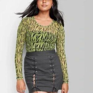 Wild Fable green black zebra stripe mesh top, S